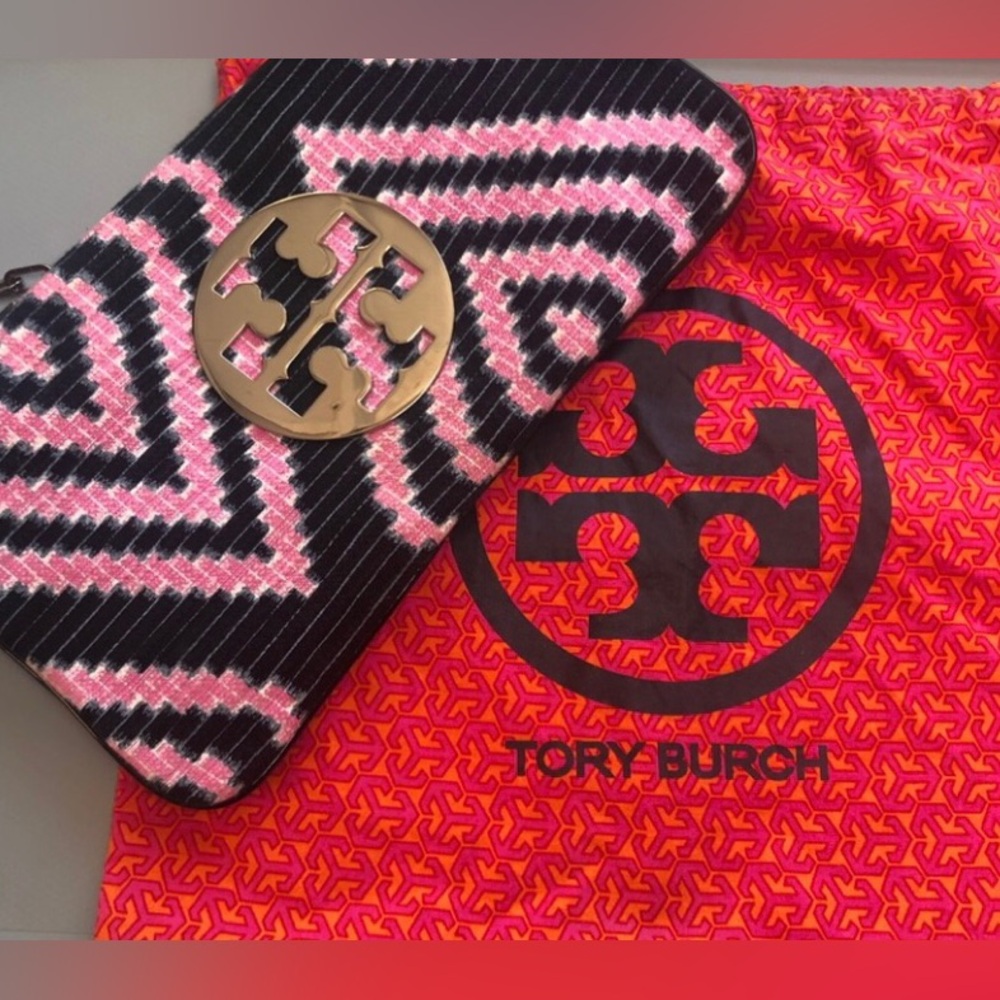 TORY BURCH AUTHENTIC PINK TWEED chevron clutch shoulder bag w/silver chain